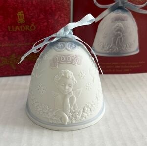 2000 Lladro Angel Bell Ornament with Blue Ribbon